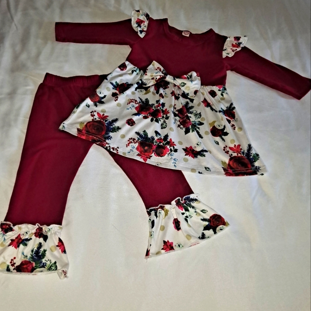 Toddler Girls Red Floral 2 Piece Outfit Size 18-24 month Adorable Set